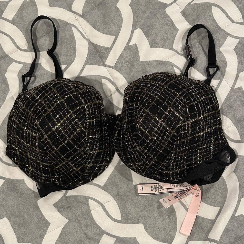 NWT Victoria's Secret Bra 34DD Lined Demi Black Gold Metallic